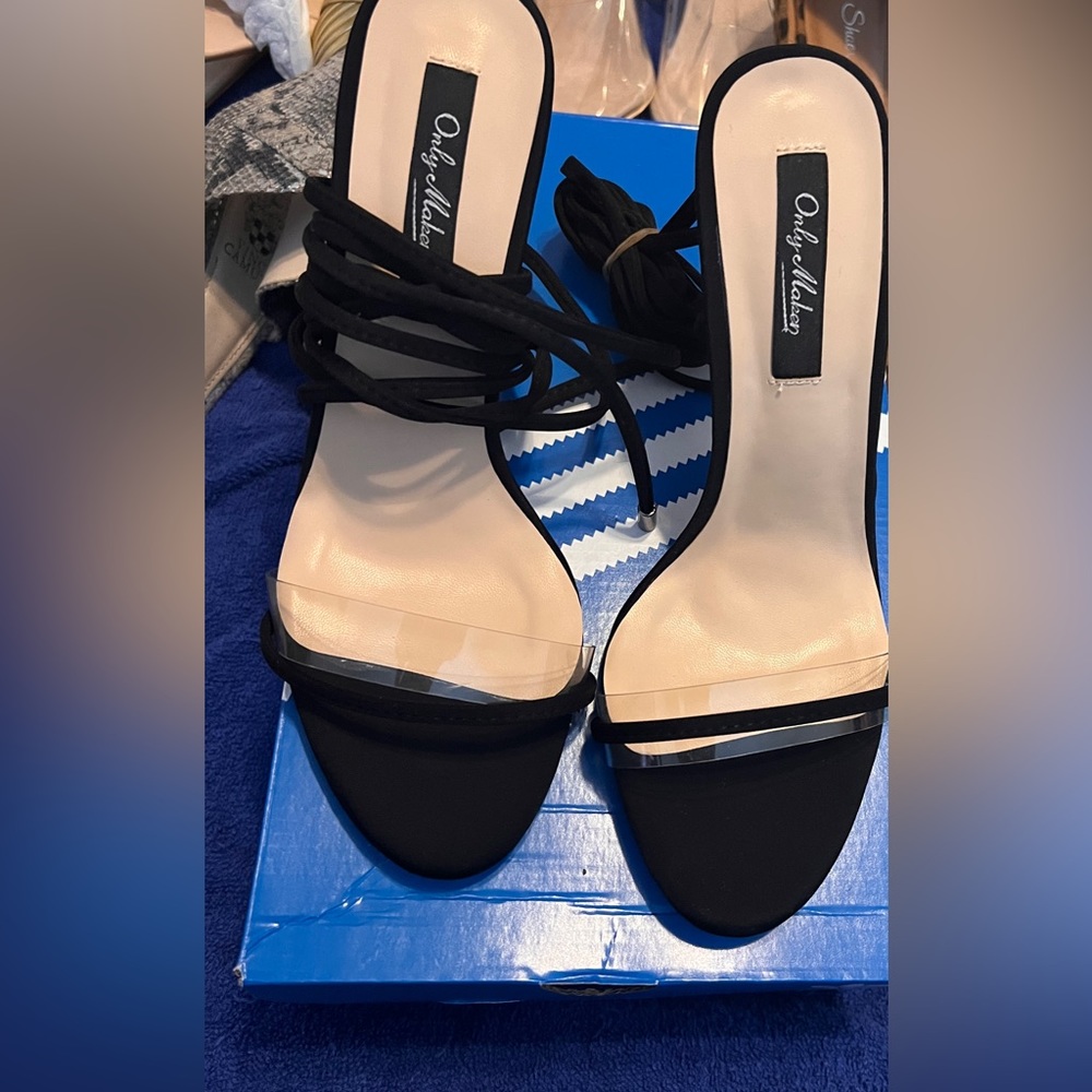 Black ankle tie sandals with clear top strap